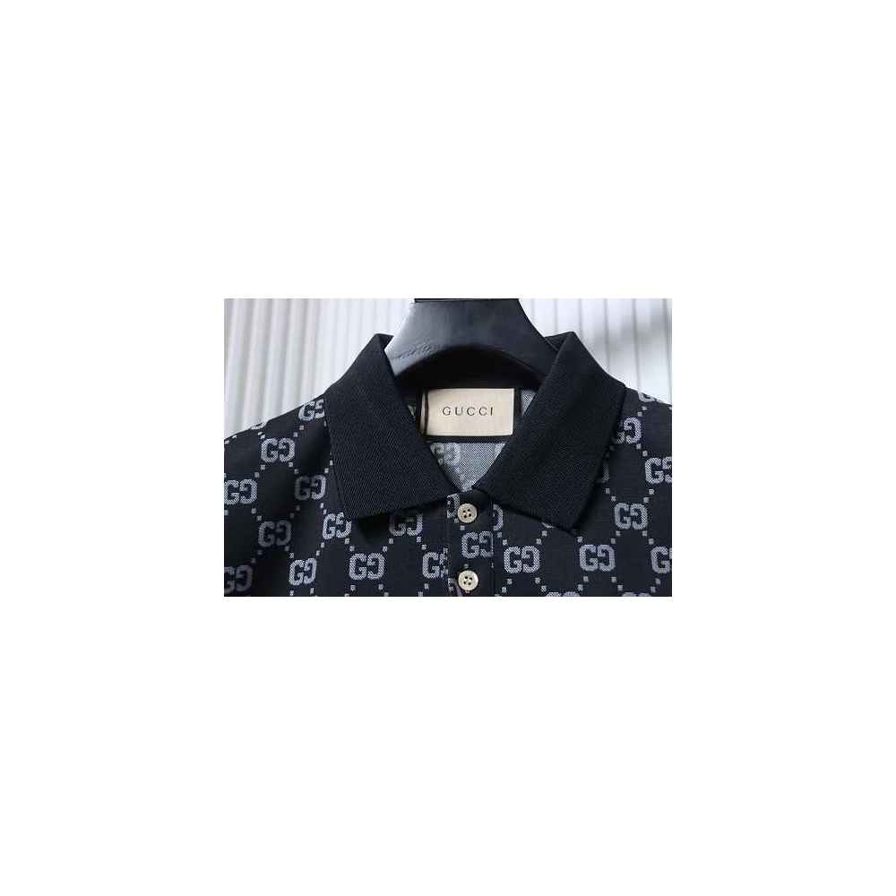Gucci All-Over Print Short Sleeve Polo Shirt Black Gray,Gucci T-shirts,T-Shirts,CLOTHES