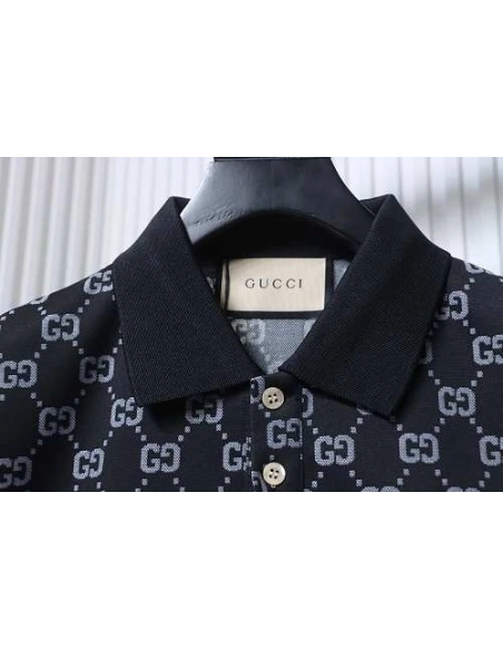 Gucci All-Over Print Short Sleeve Polo Shirt Black Gray,Gucci T-shirts,T-Shirts,CLOTHES