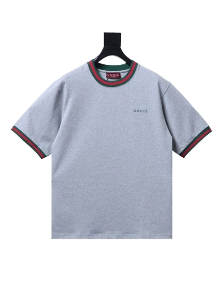 Gucci Red and Green Ribbed Crew-Neck T-Shirt Gray,Gucci T-shirts,T-Shirts,CLOTHES