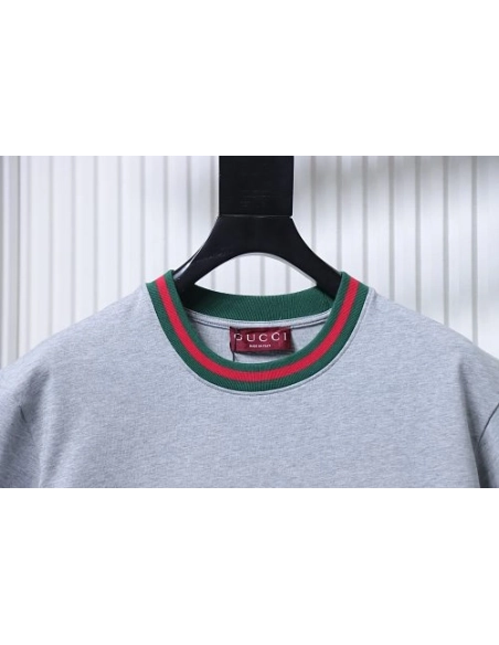 Gucci Red and Green Ribbed Crew-Neck T-Shirt Gray,Gucci T-shirts,T-Shirts,CLOTHES