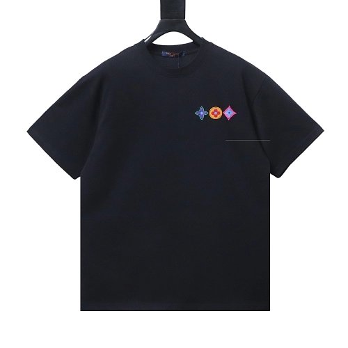 Louis Vuitton Colorful Calico Embroidery Logo T-Shirt Black,Louis Vuitton T-Shirts,T-Shirts,CLOTHES