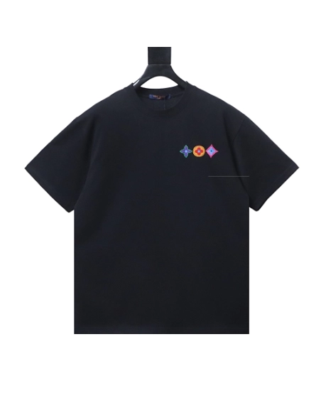 Louis Vuitton Colorful Calico Embroidery Logo T-Shirt Black,Louis Vuitton T-Shirts,T-Shirts,CLOTHES