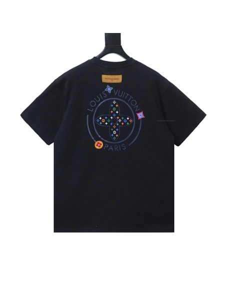 Louis Vuitton Colorful Calico Embroidery Logo T-Shirt Black,Louis Vuitton T-Shirts,T-Shirts,CLOTHES