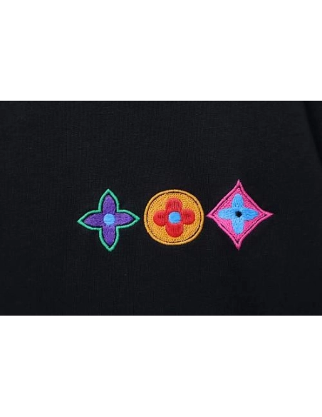 Louis Vuitton Colorful Calico Embroidery Logo T-Shirt Black,Louis Vuitton T-Shirts,T-Shirts,CLOTHES