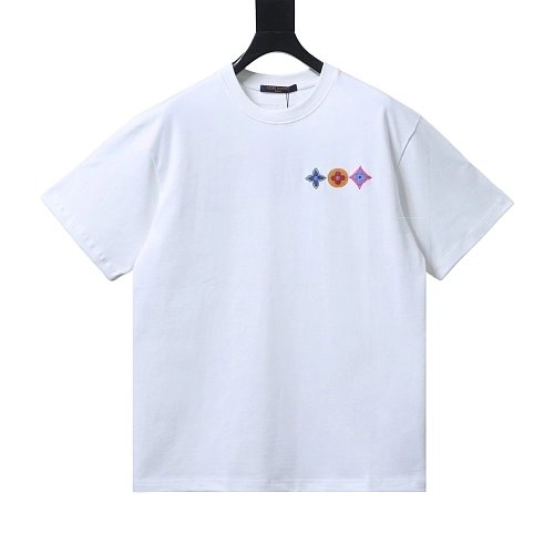 Louis Vuitton Colorful Calico Embroidery Logo T-Shirt White,Louis Vuitton T-Shirts,T-Shirts,CLOTHES