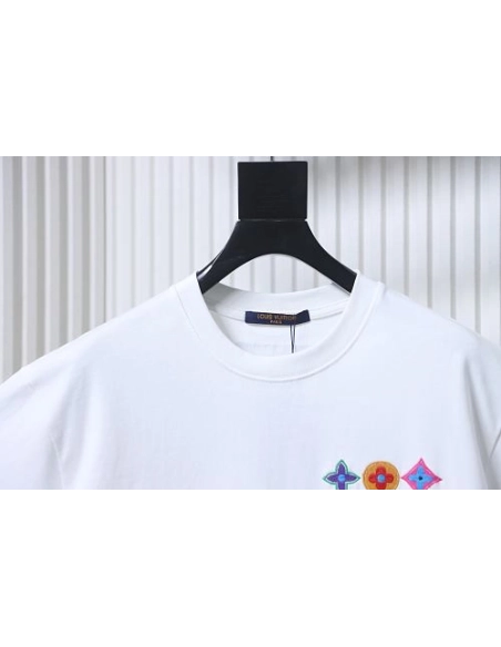 Louis Vuitton Colorful Calico Embroidery Logo T-Shirt White,Louis Vuitton T-Shirts,T-Shirts,CLOTHES