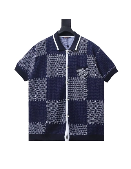 Louis Vuitton Short-Sleeve Jacquard Knit Cardigan (Checkerboard Pattern),Louis Vuitton T-Shirts,T-Shirts,CLOTHES