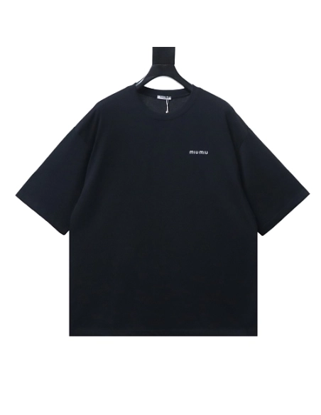 Miu Miu Embroidered Logo T-Shirt Black,Miu Miu T-shirts,T-Shirts,CLOTHES