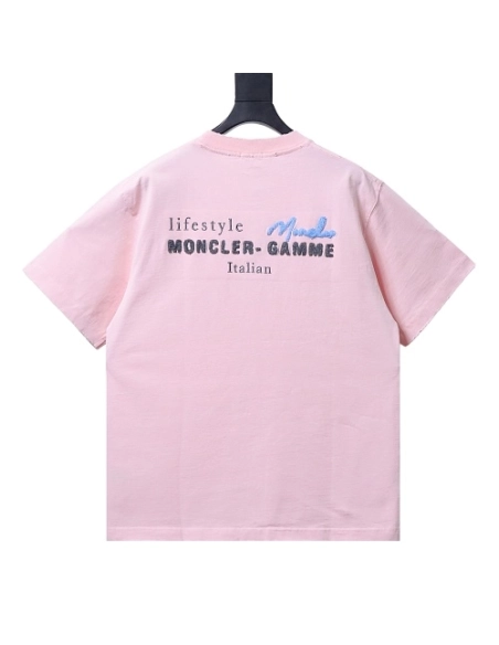Moncler M-Embroidered Letter T-Shirt Pink,Moncler T-Shirts,T-Shirts,CLOTHES