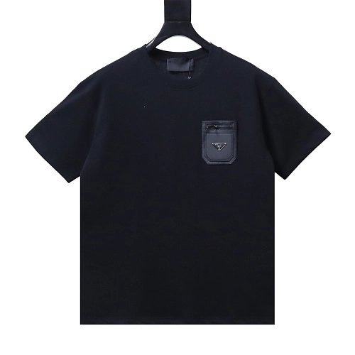 Prada Genuine Leather Black Pocket T-shirt Black,Prada T-shirts,T-Shirts,CLOTHES