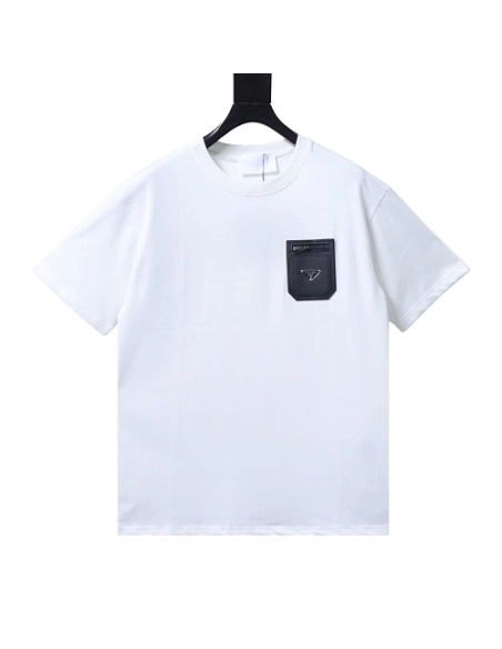 Prada Genuine Leather Black Pocket T-shirt White,Prada T-shirts,T-Shirts,CLOTHES