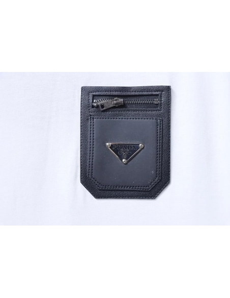 Prada Genuine Leather Black Pocket T-shirt White,Prada T-shirts,T-Shirts,CLOTHES