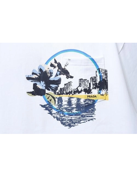 Prada Pocket Peony Print T-Shirt White,Prada T-shirts,T-Shirts,CLOTHES