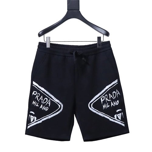 Prada Triangle Logo Hand-Drawn Print Shorts Black,Prada Shorts,Shorts,CLOTHES