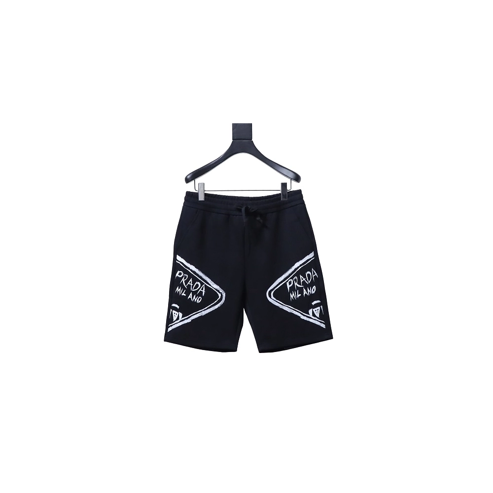 Prada Triangle Logo Hand-Drawn Print Shorts Black,Prada Shorts,Shorts,CLOTHES