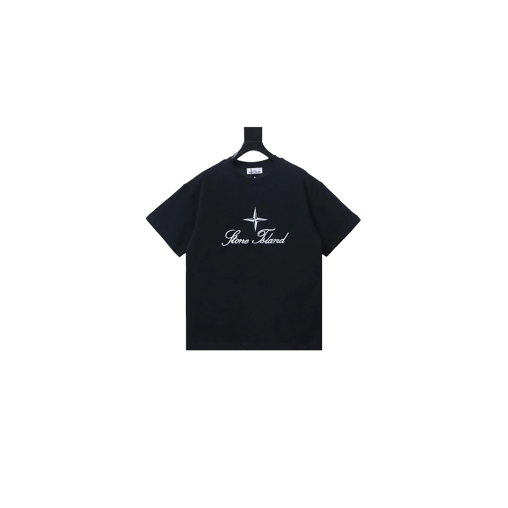 Stone Island Letter Embroidery T-Shirt Black,Stone Island T-Shirts,T-Shirts,CLOTHES