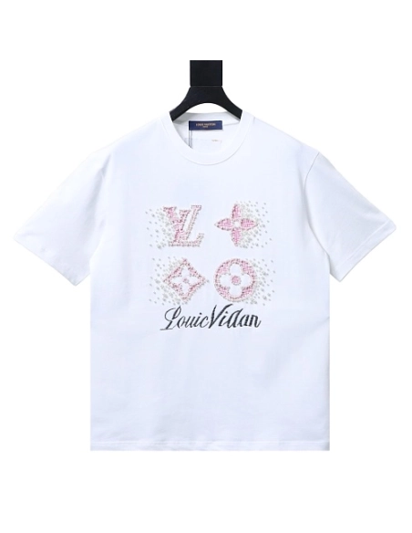 Louis Vuitton Linear Beaded Embroidery T-Shirt White,Louis Vuitton T-Shirts,T-Shirts,CLOTHES