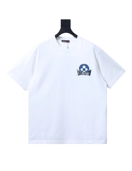 Louis Vuitton Distressed Denim Patchwork Embroidered T-Shirt White,Louis Vuitton T-Shirts,T-Shirts,CLOTHES