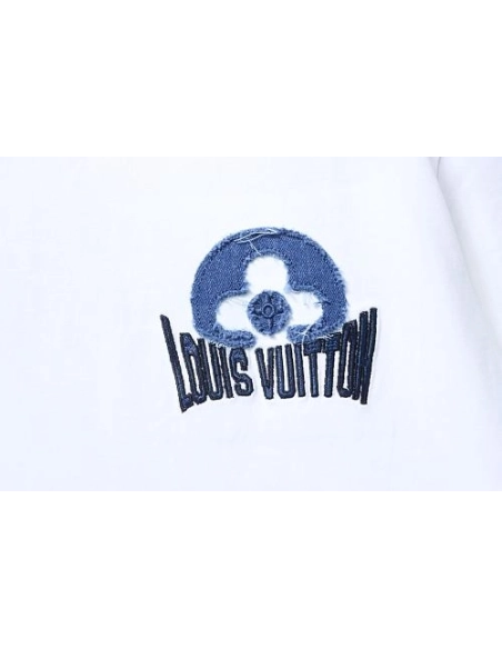 Louis Vuitton Distressed Denim Patchwork Embroidered T-Shirt White,Louis Vuitton T-Shirts,T-Shirts,CLOTHES