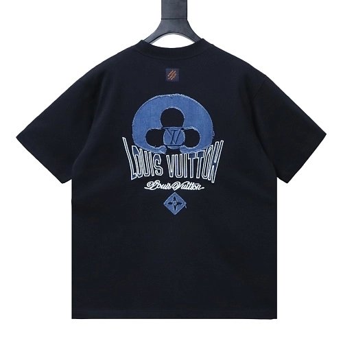 Louis Vuitton Distressed Denim Patchwork Embroidered T-Shirt Black,Louis Vuitton T-Shirts,T-Shirts,CLOTHES