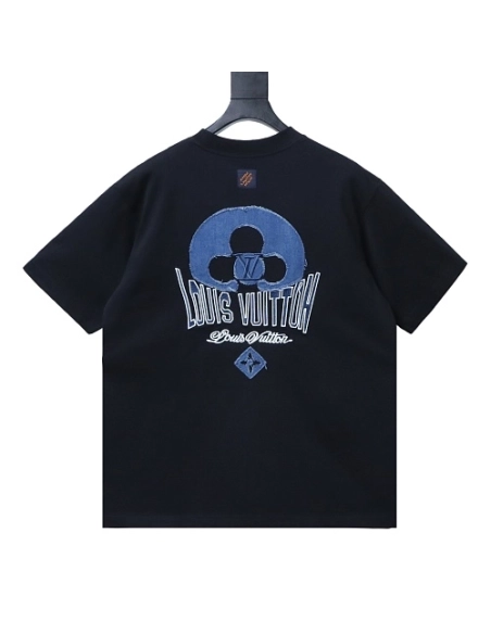 Louis Vuitton Distressed Denim Patchwork Embroidered T-Shirt Black,Louis Vuitton T-Shirts,T-Shirts,CLOTHES