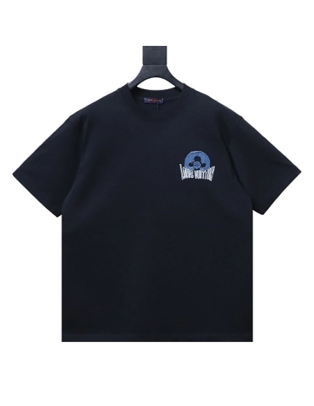 Louis Vuitton Distressed Denim Patchwork Embroidered T-Shirt Black,Louis Vuitton T-Shirts,T-Shirts,CLOTHES