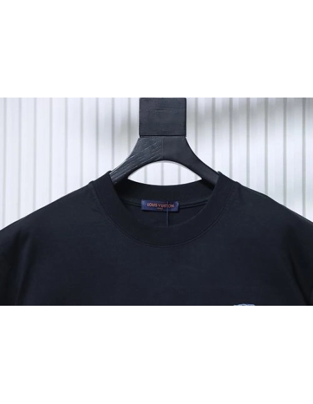 Louis Vuitton Distressed Denim Patchwork Embroidered T-Shirt Black,Louis Vuitton T-Shirts,T-Shirts,CLOTHES