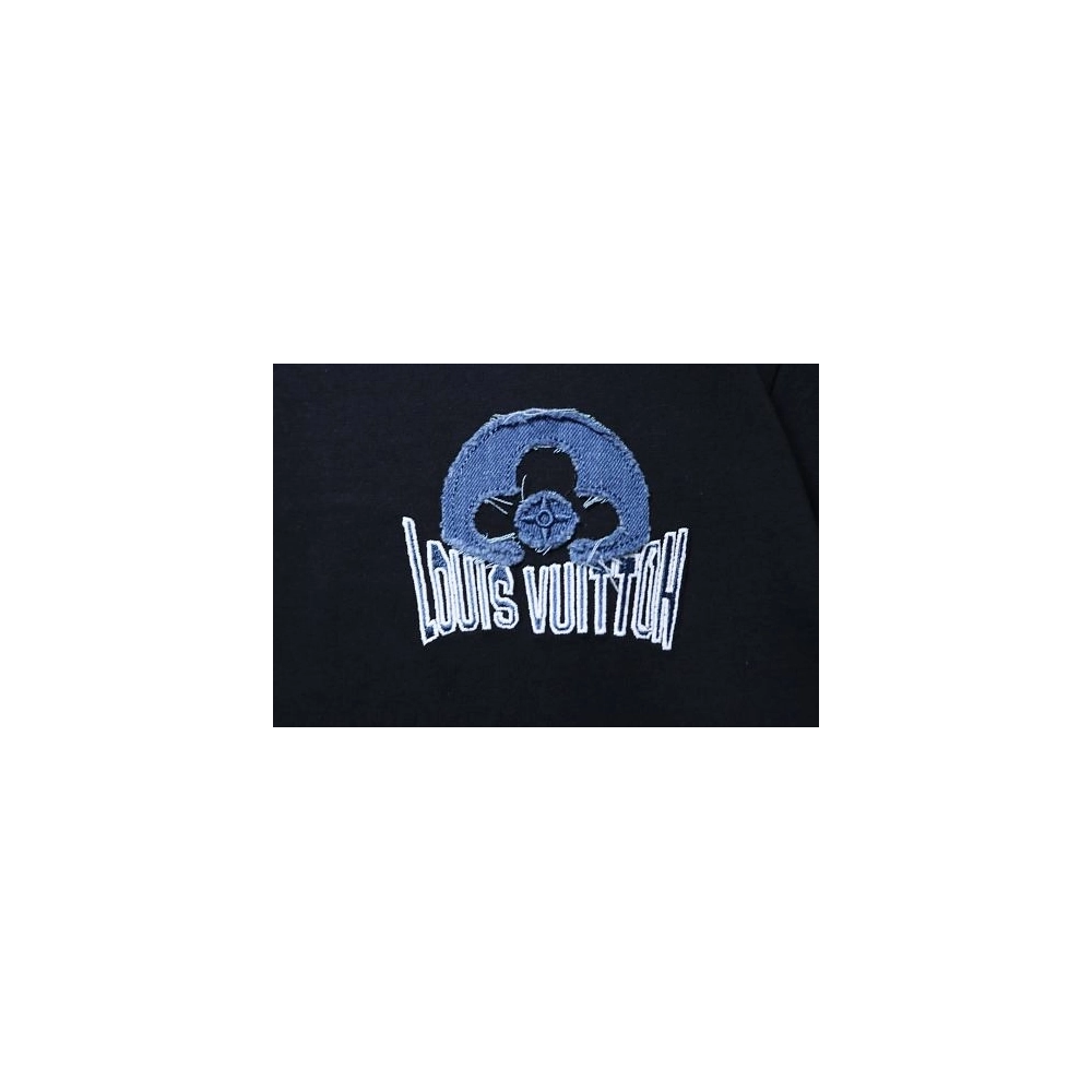 Louis Vuitton Distressed Denim Patchwork Embroidered T-Shirt Black,Louis Vuitton T-Shirts,T-Shirts,CLOTHES