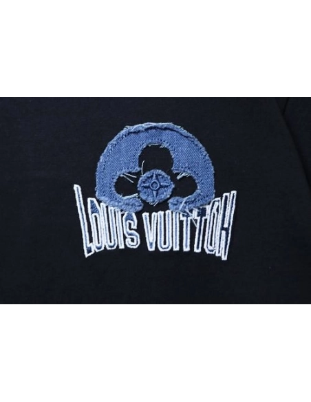 Louis Vuitton Distressed Denim Patchwork Embroidered T-Shirt Black,Louis Vuitton T-Shirts,T-Shirts,CLOTHES