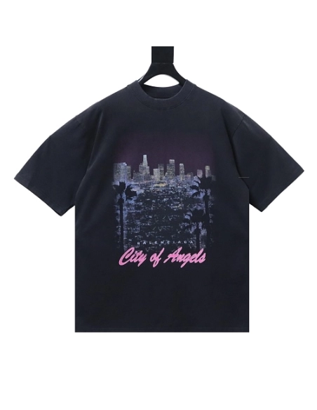 Balenciaga Los Angeles Nightscape Distressed T-Shirt,Balenciaga T-Shirts,T-Shirts,CLOTHES