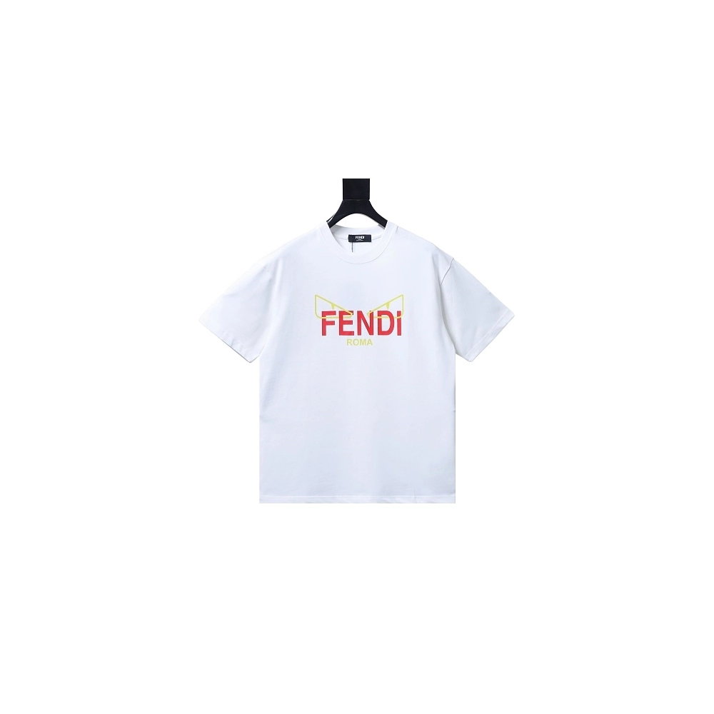 Fendi Yellow-Eyed Red-Letter Print T-Shirt White,Fendi T-Shirts,T-Shirts,CLOTHES