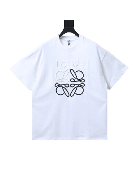 Loewe Line-style Letter Embroidery T-Shirt White,Loewe T-Shirts,T-Shirts,CLOTHES