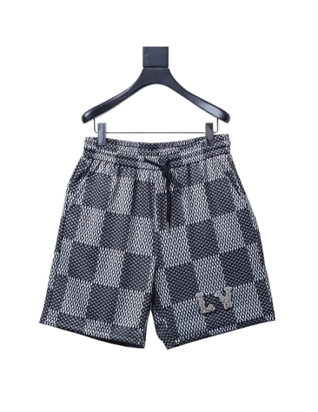 Louis Vuitton Rhinestone Letter Logo Checkerboard Shorts,Louis Vuitton Shorts,Shorts,CLOTHES