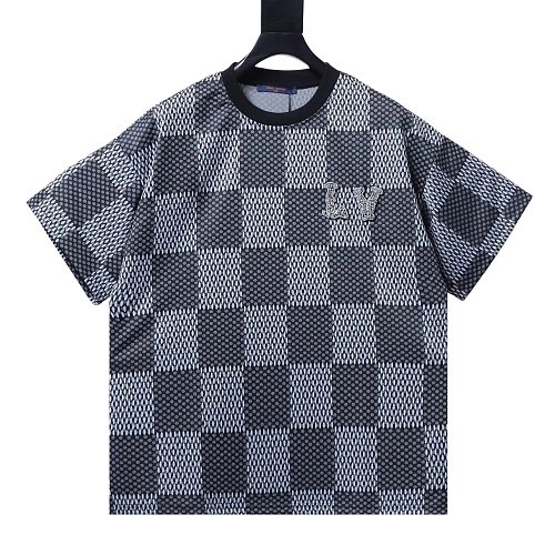 Louis Vuitton Rhinestone Letter Logo Checkerboard T-Shirt Black,Louis Vuitton T-Shirts,T-Shirts,CLOTHES