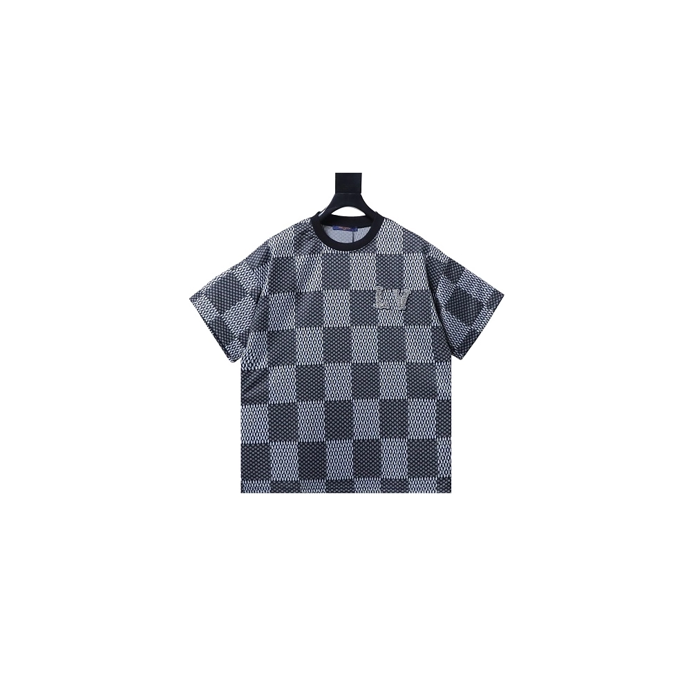Louis Vuitton Rhinestone Letter Logo Checkerboard T-Shirt Black,Louis Vuitton T-Shirts,T-Shirts,CLOTHES