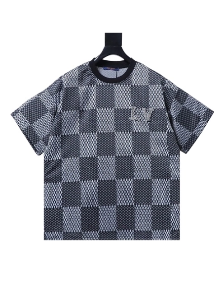 Louis Vuitton Rhinestone Letter Logo Checkerboard T-Shirt Black,Louis Vuitton T-Shirts,T-Shirts,CLOTHES