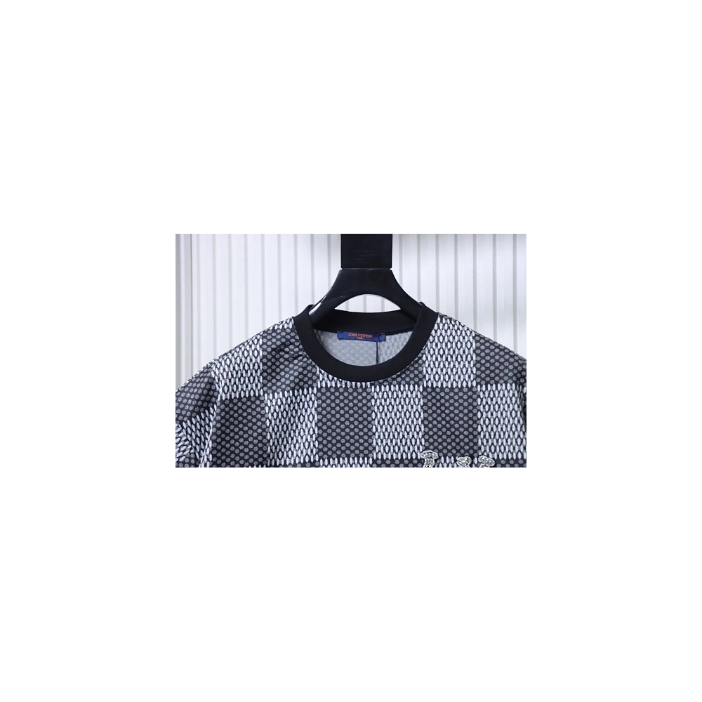 Louis Vuitton Rhinestone Letter Logo Checkerboard T-Shirt Black,Louis Vuitton T-Shirts,T-Shirts,CLOTHES