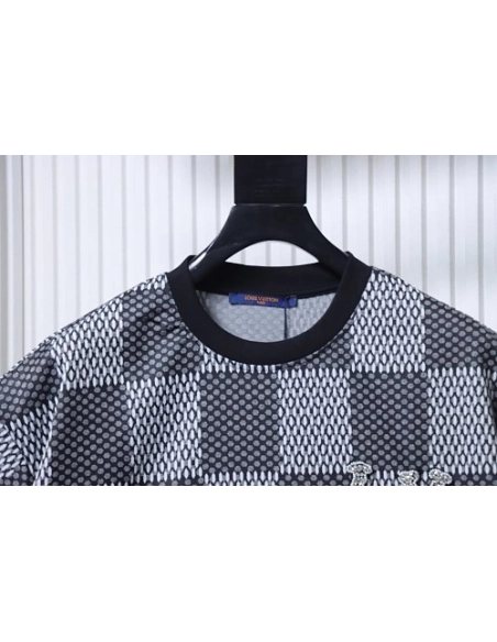 Louis Vuitton Rhinestone Letter Logo Checkerboard T-Shirt Black,Louis Vuitton T-Shirts,T-Shirts,CLOTHES