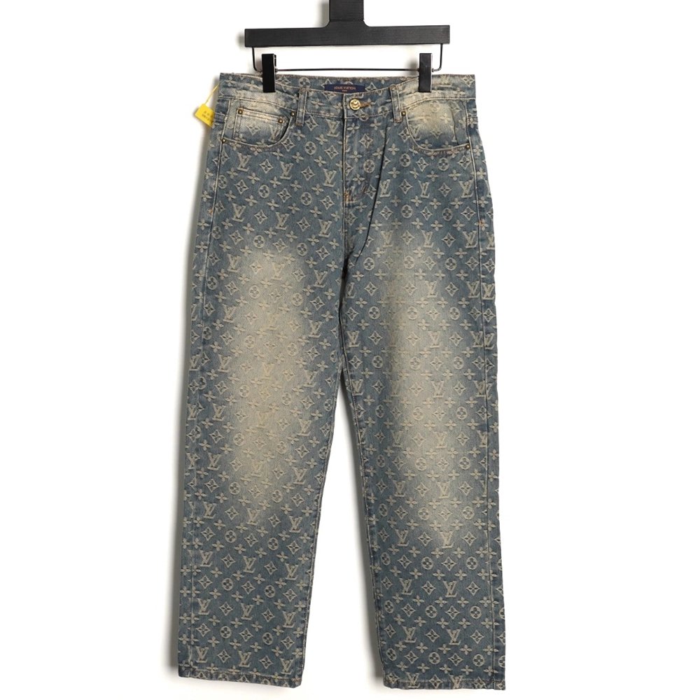 Louis Vuitton All-Over Jacquard Straight-Leg Washed Denim Trousers,Louis Vuitton