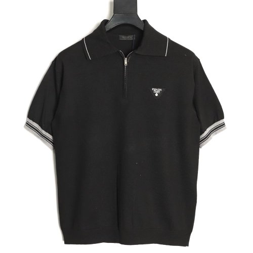 Prada logo embroidered half-zip knit polo short-sleeved shirt,Prada
