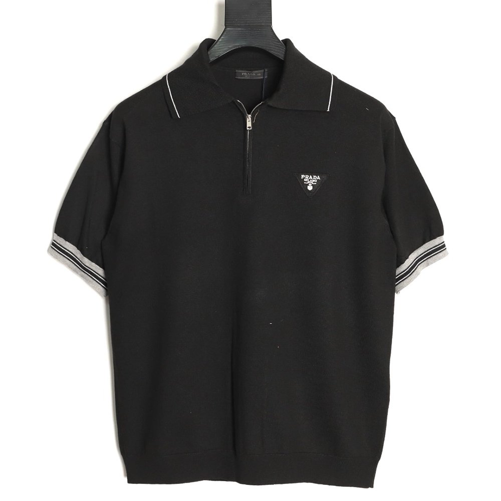 Prada logo embroidered half-zip knit polo short-sleeved shirt,Prada