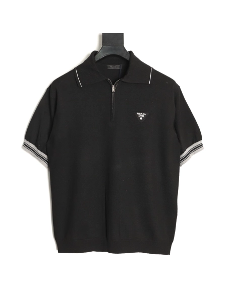 Prada logo embroidered half-zip knit polo short-sleeved shirt,Prada