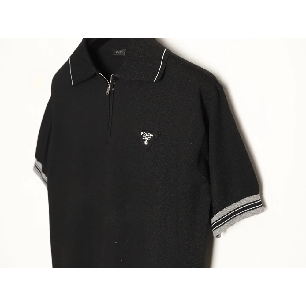 Prada logo embroidered half-zip knit polo short-sleeved shirt,Prada