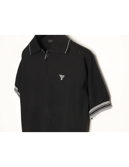 Prada logo embroidered half-zip knit polo short-sleeved shirt,Prada