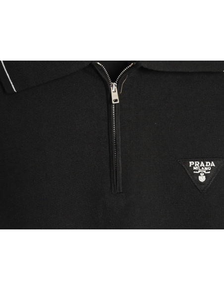 Prada logo embroidered half-zip knit polo short-sleeved shirt,Prada