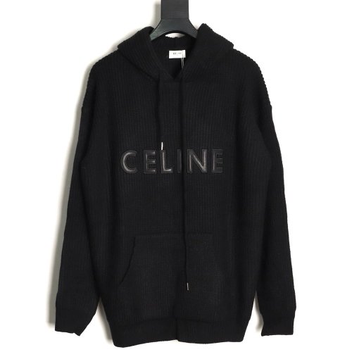Celine leather appliqu¨¦ embroidered wool hoodie,Celine