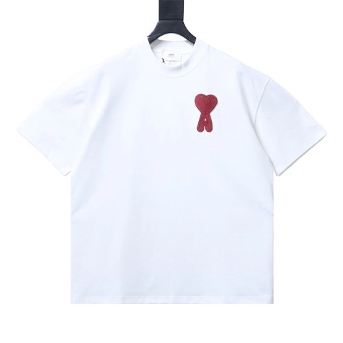 AMI Minimalist Style 3D Chunky Knit Heart Embroidered Logo Short-Sleeve T-Shirt,Ami