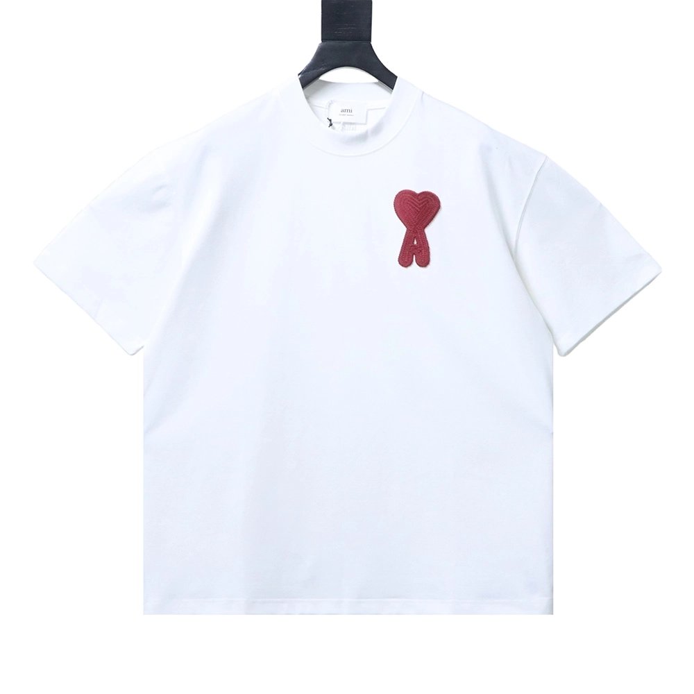 AMI Minimalist Style 3D Chunky Knit Heart Embroidered Logo Short-Sleeve T-Shirt,Ami