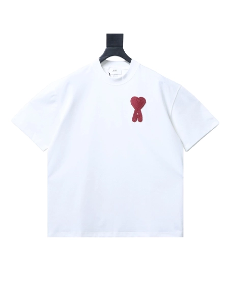 AMI Minimalist Style 3D Chunky Knit Heart Embroidered Logo Short-Sleeve T-Shirt,Ami