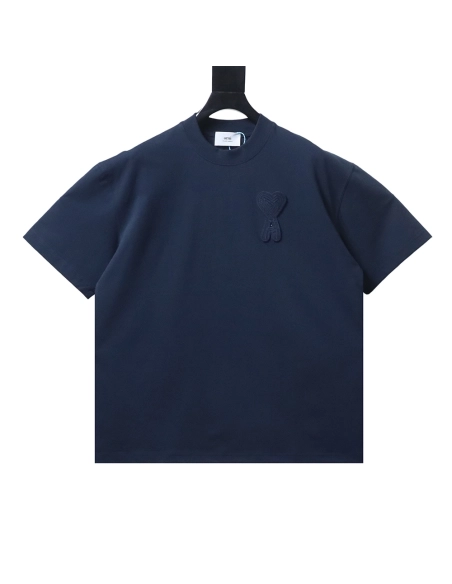 AMI Minimalist Style 3D Chunky Knit Heart Embroidered Logo Short-Sleeve T-Shirt,Ami